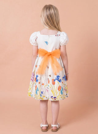 Girls White Floral Party Dress with Puff Sleeves and Bow Belt