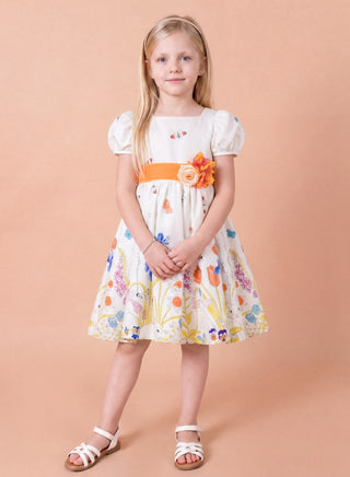 Girls White Floral Party Dress with Puff Sleeves and Bow Belt