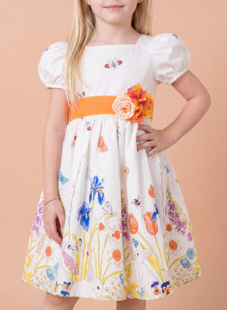 Girls White Floral Party Dress with Puff Sleeves and Bow Belt