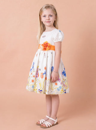 Girls White Floral Party Dress with Puff Sleeves and Bow Belt