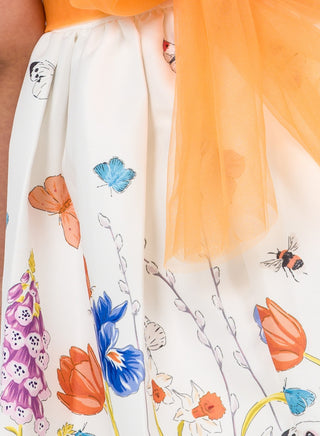 Girls White Floral Party Dress with Puff Sleeves and Bow Belt