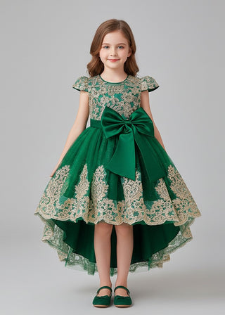 Girls Green Embroidered Bow Party Dress