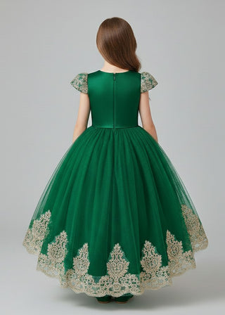 Girls Green Embroidered Bow Party Dress