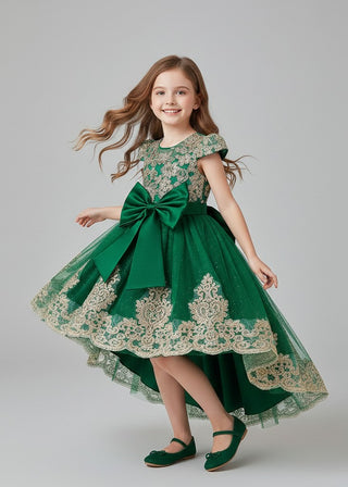Girls Green Embroidered Bow Party Dress