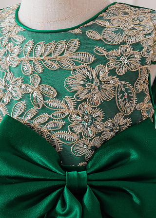 Girls Green Embroidered Bow Party Dress