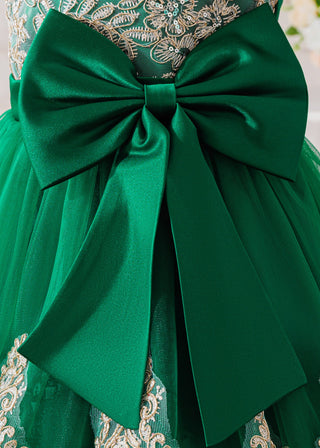Girls Green Embroidered Bow Party Dress