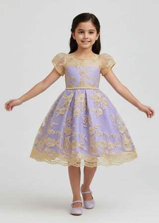 Girls Lavender Embroidered Tulle Party Dress