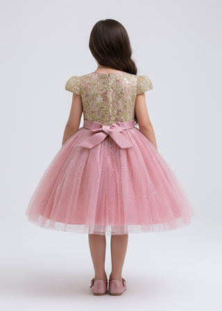 Girls Pink Glitter Tulle Bow Party Dress