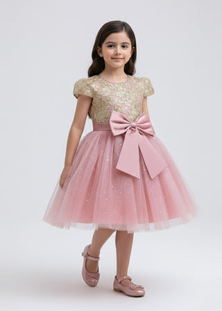 Girls Pink Glitter Tulle Bow Party Dress