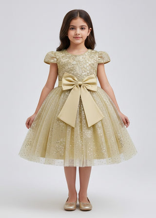 Girls Gold Glitter Tulle Bow Party Dress