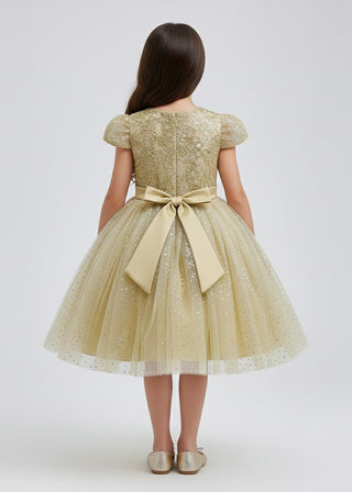 Girls Gold Glitter Tulle Bow Party Dress