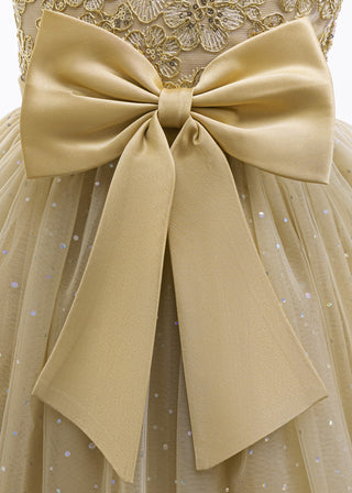 Girls Gold Glitter Tulle Bow Party Dress
