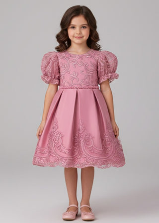 Girls Pink Embroidered Satin Party Dress
