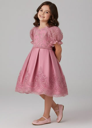 Girls Pink Embroidered Satin Party Dress