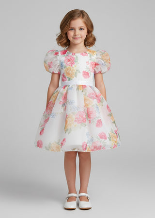 Girls Floral Organza Puff Sleeve Party Dress