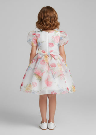 Girls Floral Organza Puff Sleeve Party Dress