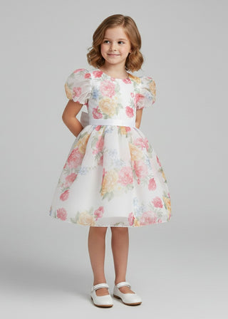 Girls Floral Organza Puff Sleeve Party Dress