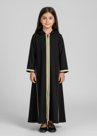 Girls Black Arabic Occasion Kaftan Dress Gold Trim