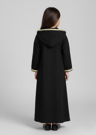 Girls Black Arabic Occasion Kaftan Dress Gold Trim