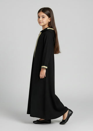 Girls Black Arabic Occasion Kaftan Dress Gold Trim