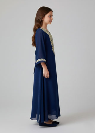 Girls Navy Arabic Embroidered Kaftan Occasion Dress