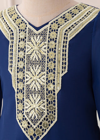 Girls Navy Arabic Embroidered Kaftan Occasion Dress