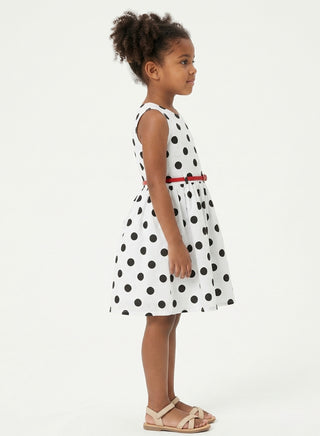 Girls White Black Polka Dot Summer Dress Red Belt