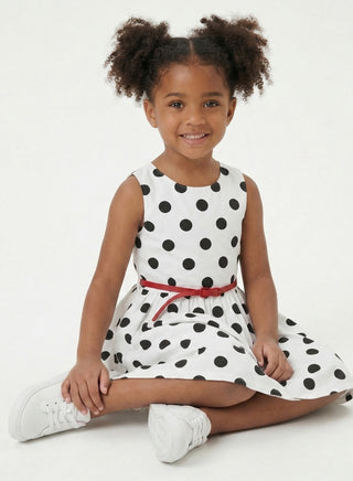 Girls White Black Polka Dot Summer Dress Red Belt