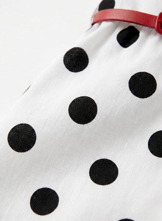 Girls White Black Polka Dot Summer Dress Red Belt