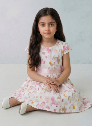 Girls Unicorn Print Short Sleeve Summer Dress Pink