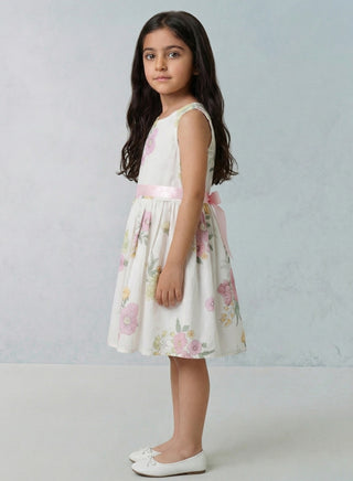 Girls Floral Print Summer Dress Pink Waistband