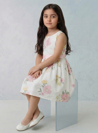 Girls Floral Print Summer Dress Pink Waistband