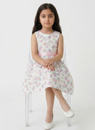 Girls Pastel Floral Sleeveless Summer Dress Pink Belt
