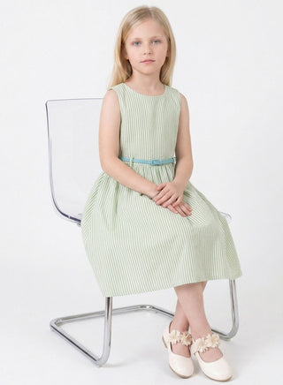 Girls Green Striped Sleeveless Dress with Belt