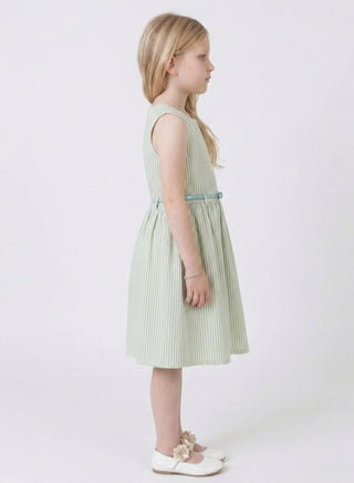 Girls Green Striped Sleeveless Dress with Belt