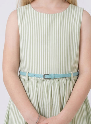 Girls Green Striped Sleeveless Dress with Belt