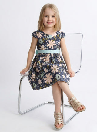Girls Navy Floral Print Summer Dress Belted