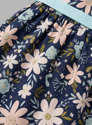 Girls Navy Floral Print Summer Dress Belted