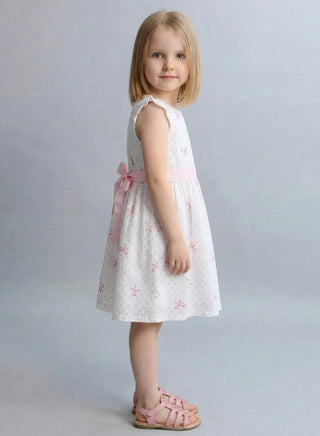 Girls White Pink Bow Print Summer Dress