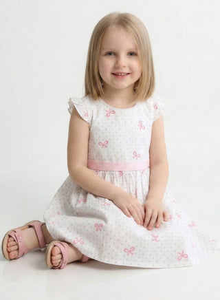 Girls White Pink Bow Print Summer Dress