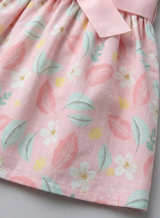 Girls Pink Leaf Print Casual Summer Dress