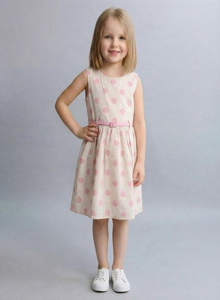 Girls Pink Polka Dot Belted Summer Dress