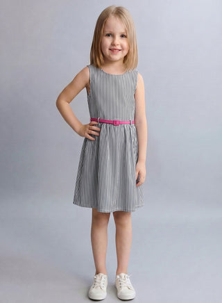 Girls Black White Striped Belted Summer Dress
