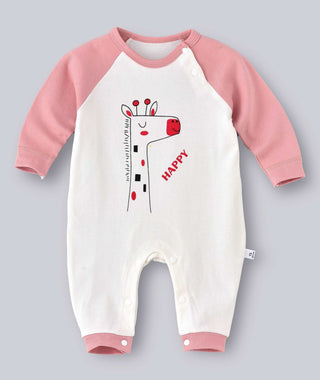 Babyqlo Giraffe Printed Full Sleeve Romper - White Pink