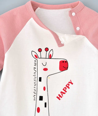 Babyqlo Giraffe Printed Full Sleeve Romper - White Pink