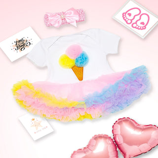 Frilled tutu dress with ice cream corsage and headband set for little girls