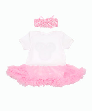 Applique work white and pink tutu dress with headband set for little girls
