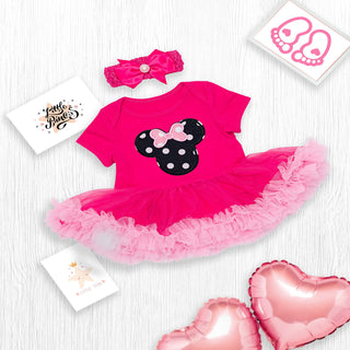 Rose pink tutu dress with mickey applique work and headband set for baby girls