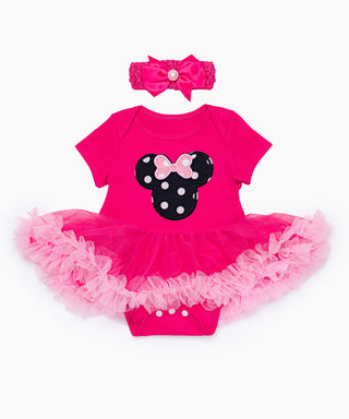 Rose pink tutu dress with mickey applique work and headband set for baby girls