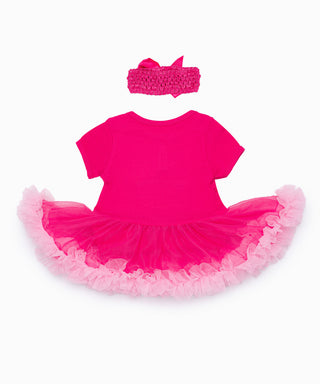 Rose pink tutu dress with cup cake corsage work and headband set for baby girls